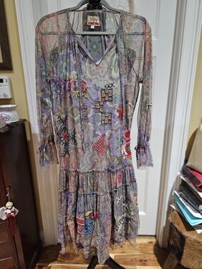 Johnny Was Multicolor Embroidered Paisley Sheer Midi Dress
